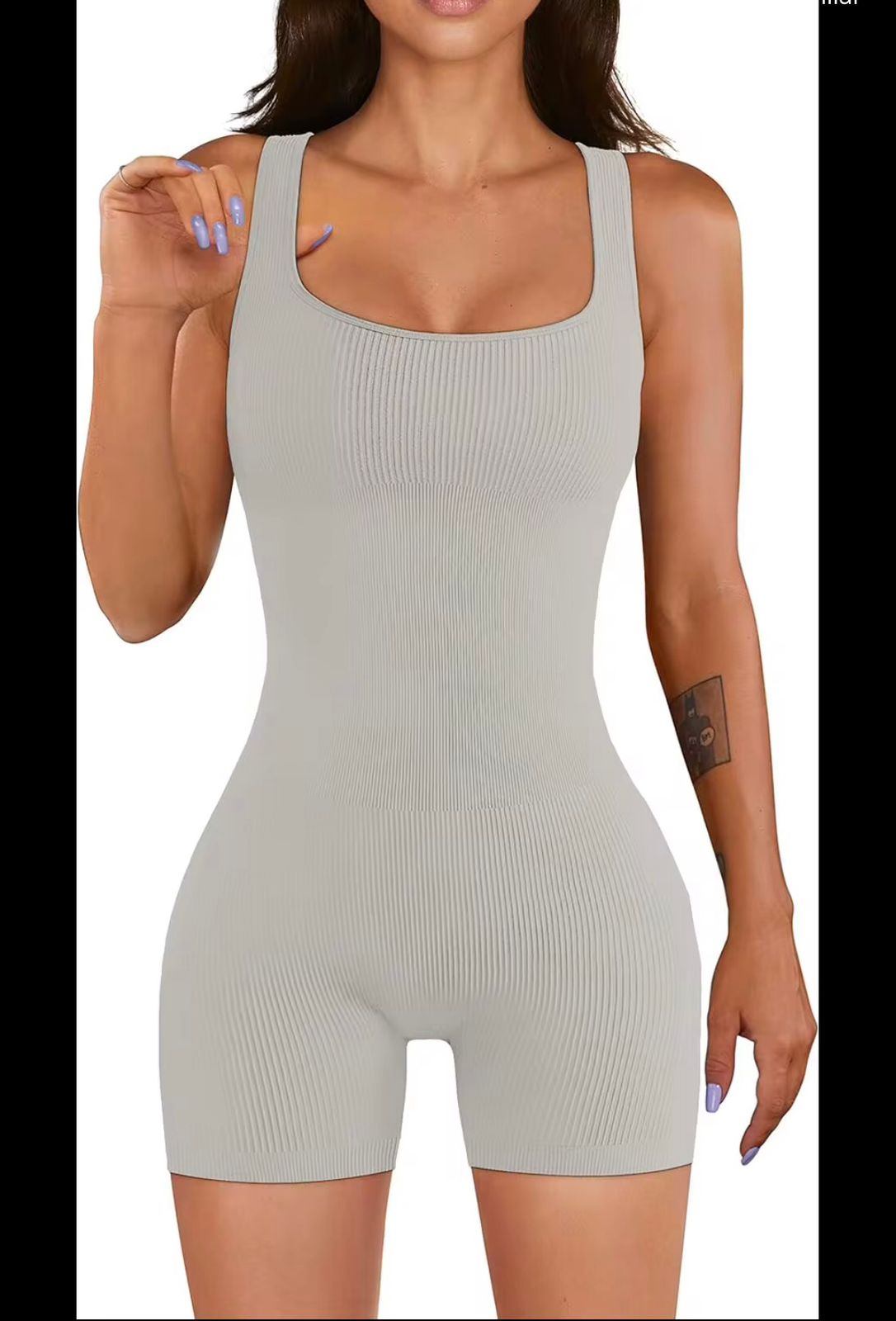 YOGA RIBBED SQUARE NECK SEAMINGLESS JUMPSUITS 90%NYLON